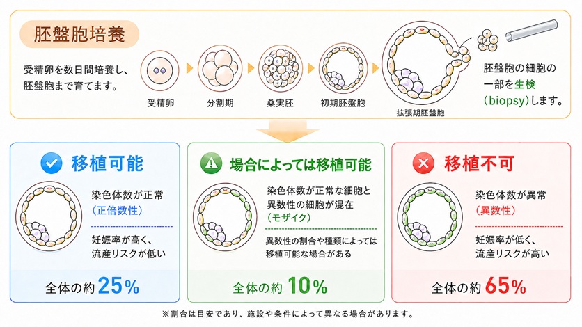 PGT-Aにおける胚盤胞培養・胚生検と正倍数性、モザイク、異数性の判定イメージ